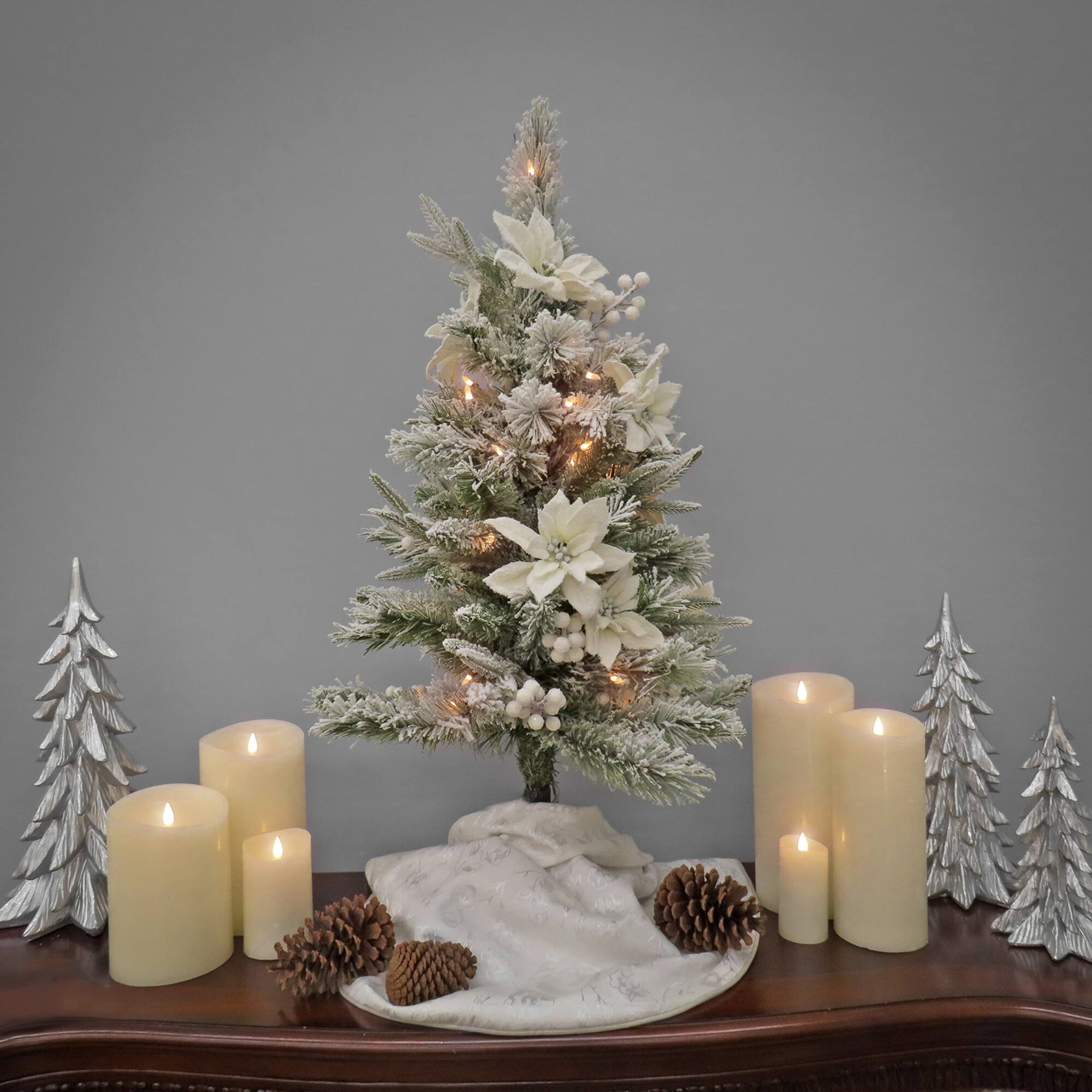 3ft. Pre-Lit Frosted Colonial Poinsettia Artificial Christmas Tree, Clear Lights